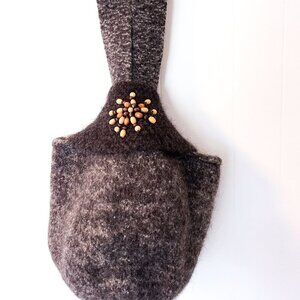 Artisen Hand Knit and Felted Bucket Bag With Beaded Embellishment